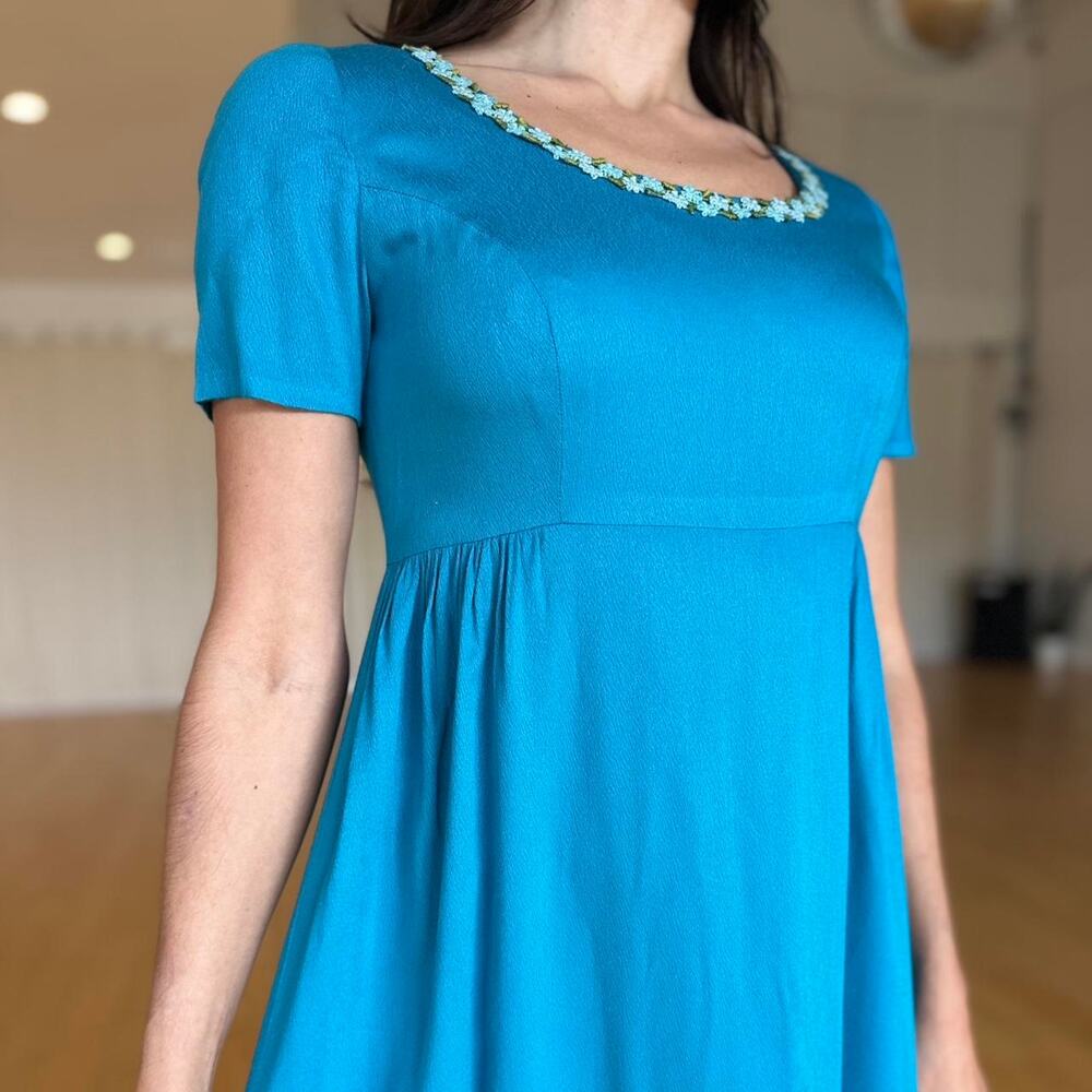 Handmade Womenโs Medium Gown Blue Floral Maxi Dress Vintage Cottagecore,